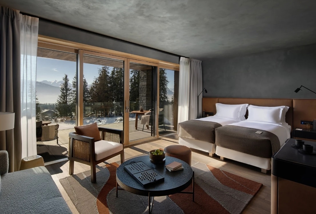 Chambre luxueuse, Six Senses, Crans Montana, confort, vue montagne