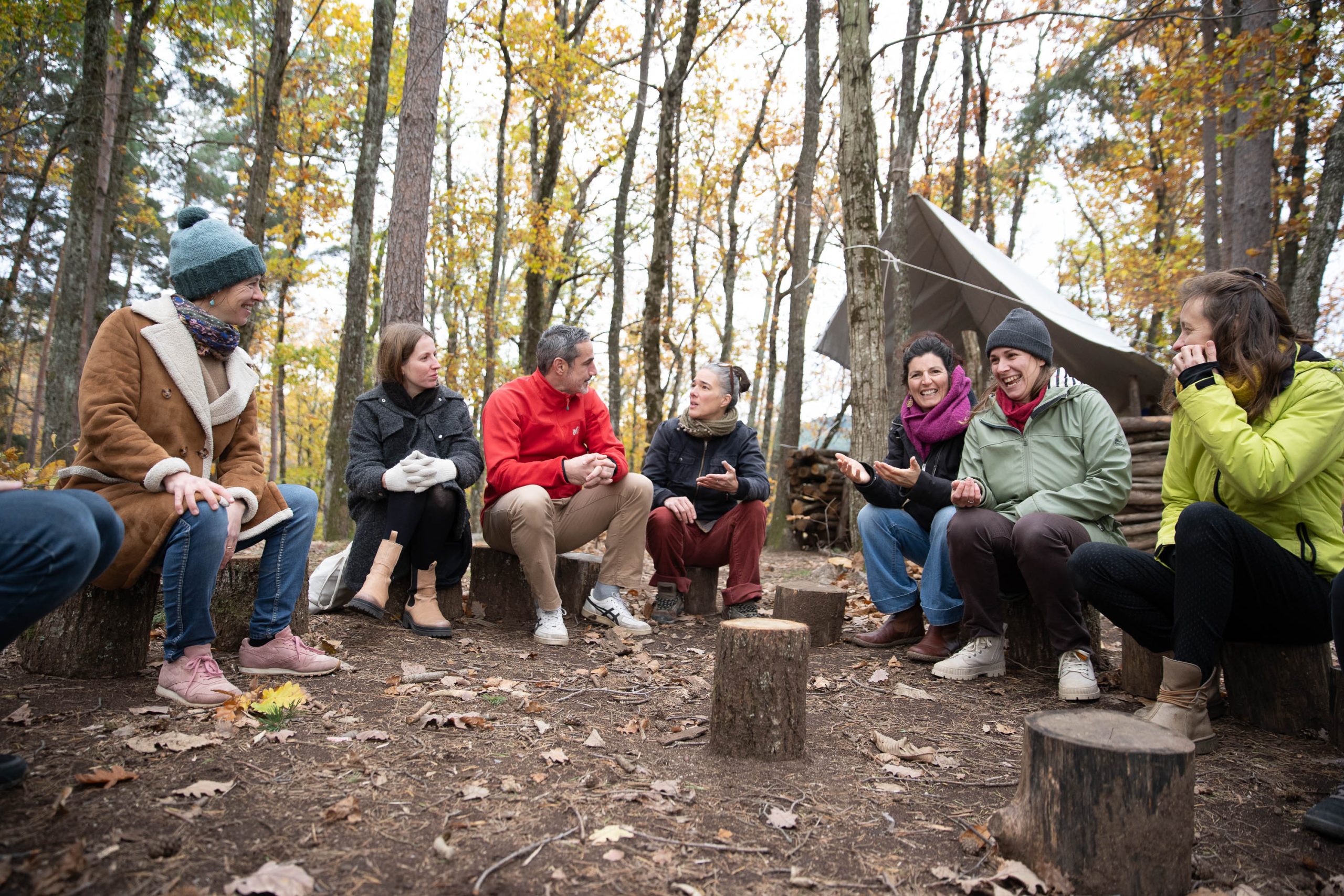 Discussion, forêt, groupe, Les Blaches, Ardèche